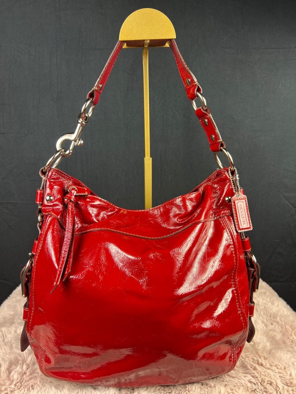 COACH Zoe XL Hobo Bag Crimson Red Patent Leather EUC F12776